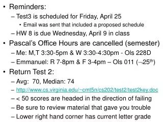 Reminders: Test3 is scheduled for Friday, April 25
