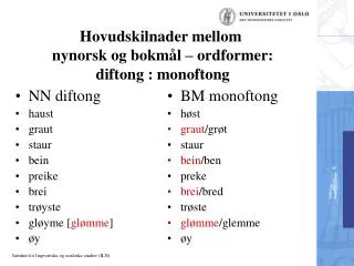 hovudskilnader mellom nynorsk og bokm l ordformer diftong monoftong
