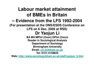 Dr Yaojun Li BA MA MPhil (Oxon) DPhil (Oxon) Reader in Sociological Analysis