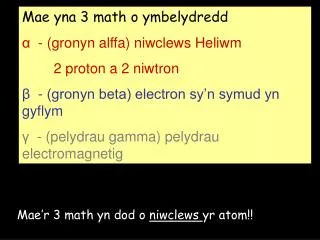 Mae yna 3 math o ymbelydredd α - (gronyn alffa) niwclews Heliwm 2 proton a 2 niwtron