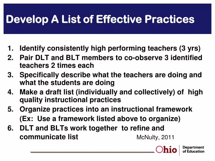 develop a list of effective practices