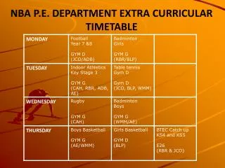 NBA P.E. DEPARTMENT EXTRA CURRICULAR TIMETABLE