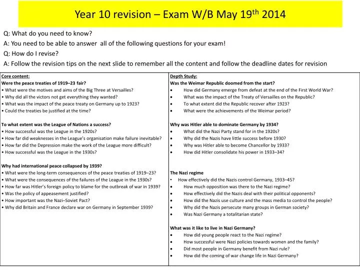year 10 revision exam w b may 19 th 2014