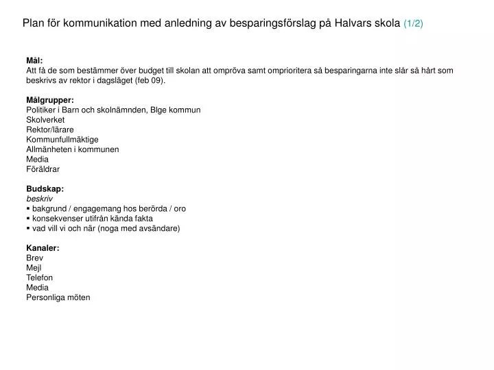 plan f r kommunikation med anledning av besparingsf rslag p halvars skola 1 2