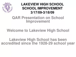 LAKEVIEW HIGH SCHOOL SCHOOL IMPROVEMENT 3/17/09-3/18/09