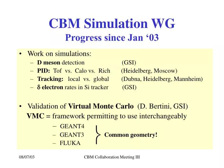 cbm simulation wg progress since jan 03