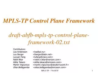 MPLS-TP Control Plane Framework draft-abfb-mpls-tp-control-plane-framework-02.txt