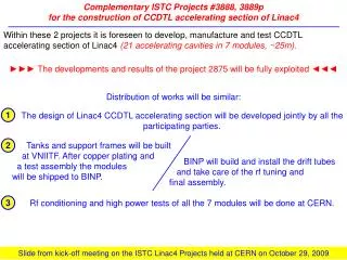 Rf conditioning and high power tests of all the 7 modules will be done at CERN.