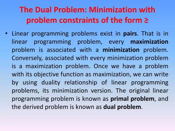 the dual problem minimization with problem constraints of the form