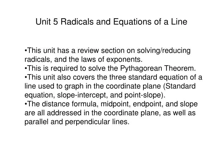 unit 5 radicals and equations of a line