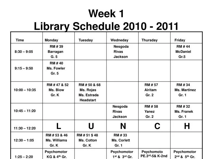 week 1 library schedule 2010 2011