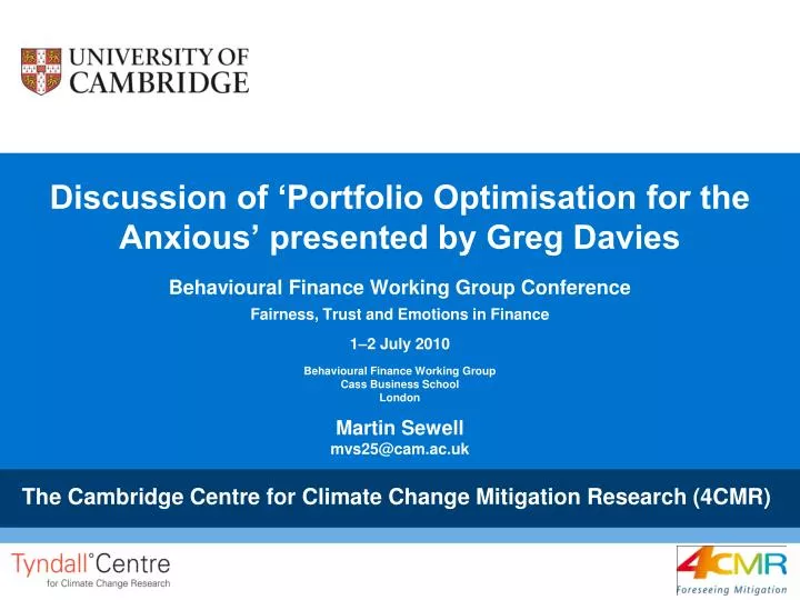 discussion of portfolio optimisation for the anxious presented by greg davies