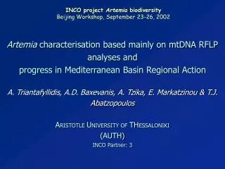 INCO project Artemia biodiversity Beijing Workshop, September 23-26, 2002