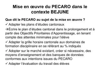 mise en uvre du pecaro dans le contexte bejune