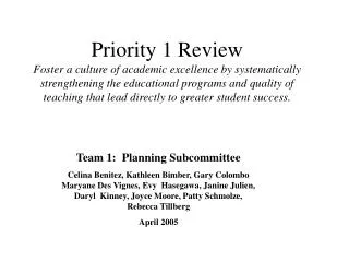 Team 1: Planning Subcommittee