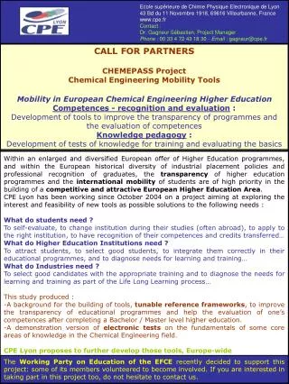CALL FOR PARTNERS CHEMEPASS Project Chemical Engineering Mobility Tools