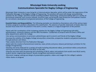 Mississippi State University seeking Communications Specialist for Bagley College of Engineering