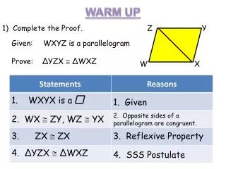 Given:	 WXYZ is a parallelogram Prove: ? YZX ? ? WXZ