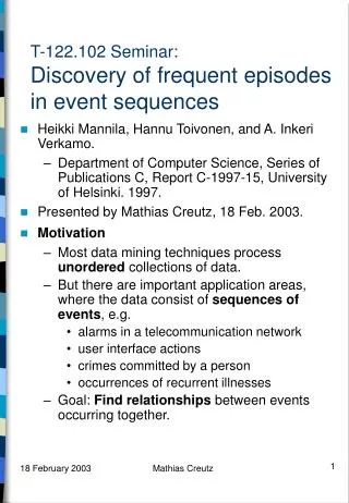 T-122.102 Seminar: Discovery of frequent episodes in event sequences