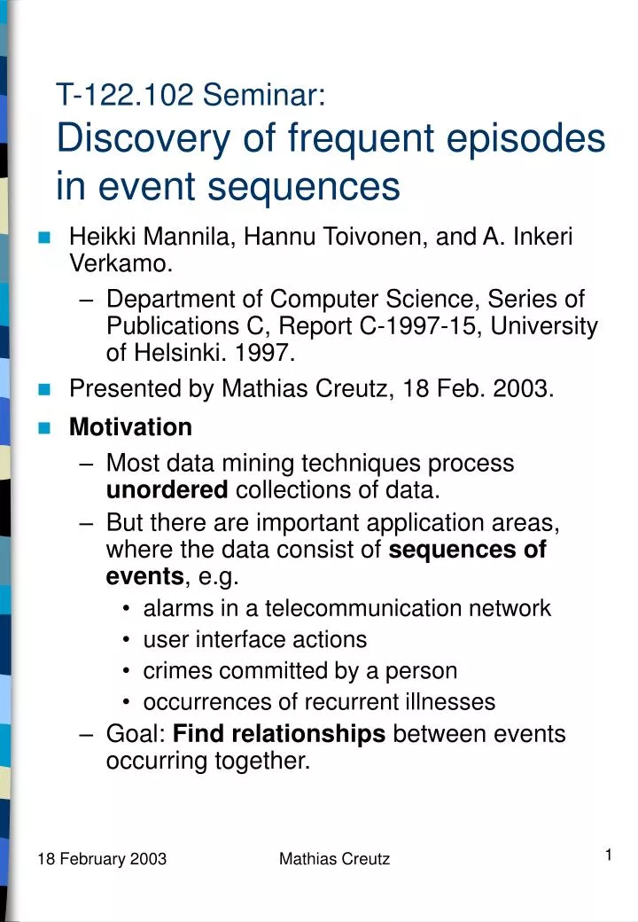 t 122 102 seminar discovery of frequent episodes in event sequences