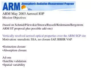 ARM May 2003 Aerosol IOP Mission Objectives