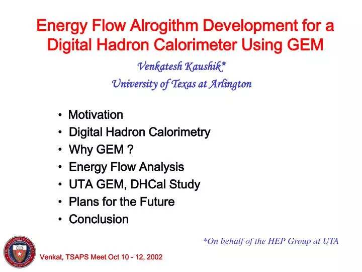 energy flow alrogithm development for a digital hadron calorimeter using gem