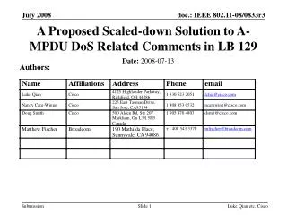 A Proposed Scaled-down Solution to A-MPDU DoS Related Comments in LB 129