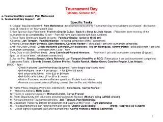 Tournament Day (Monday, October 14 th ) a. Tournament Day Leader: Pam Markiewicz
