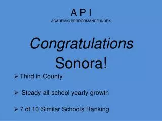 A P I ACADEMIC PERFORMANCE INDEX Congratulations Sonora! Third in County