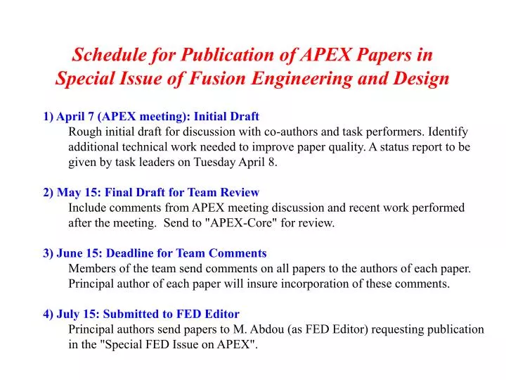 schedule for publication of apex papers in special issue of fusion engineering and design