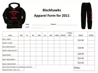 Blackhawks Apparel Form for 2011