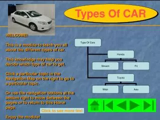 WELCOME! This is a module to teach you all about the different types of car.