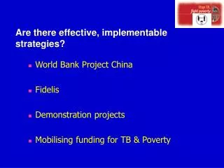 World Bank Project China Fidelis Demonstration projects Mobilising funding for TB &amp; Poverty
