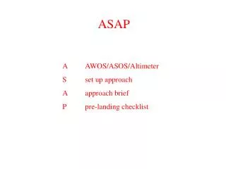 A	AWOS/ASOS/Altimeter S	set up approach	 A	approach brief P	pre-landing checklist