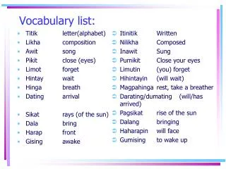 Vocabulary list: