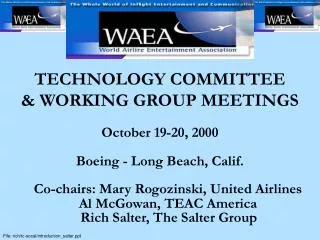 TECHNOLOGY COMMITTEE &amp; WORKING GROUP MEETINGS October 19-20, 2000 Boeing - Long Beach, Calif.