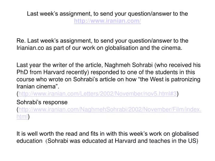 last week s assignment to send your question answer to the http www iranian com