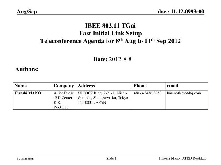 ieee 802 11 tgai fast initial link setup teleconference agenda for 8 th aug to 11 th sep 2012