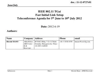 IEEE 802.11 TGai Fast Initial Link Setup Teleconference Agenda for 5 th June to 10 th July 2012