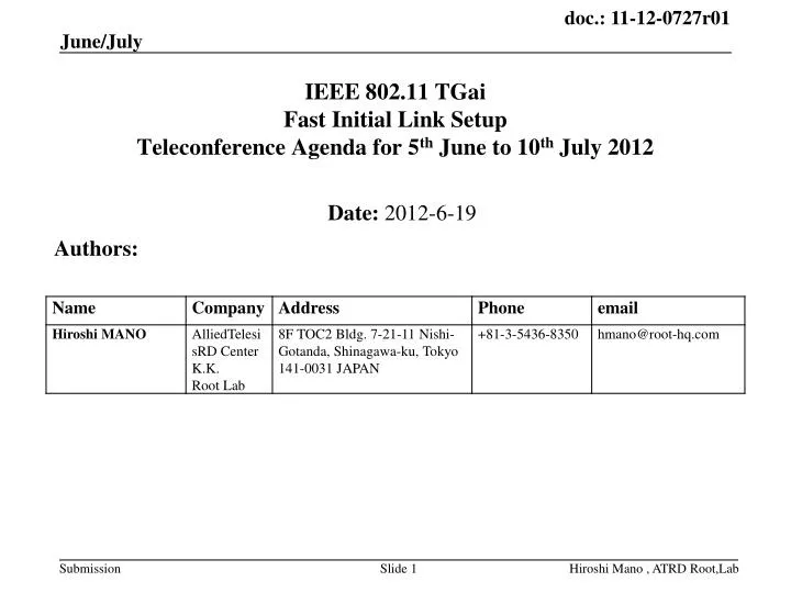 ieee 802 11 tgai fast initial link setup teleconference agenda for 5 th june to 10 th july 2012
