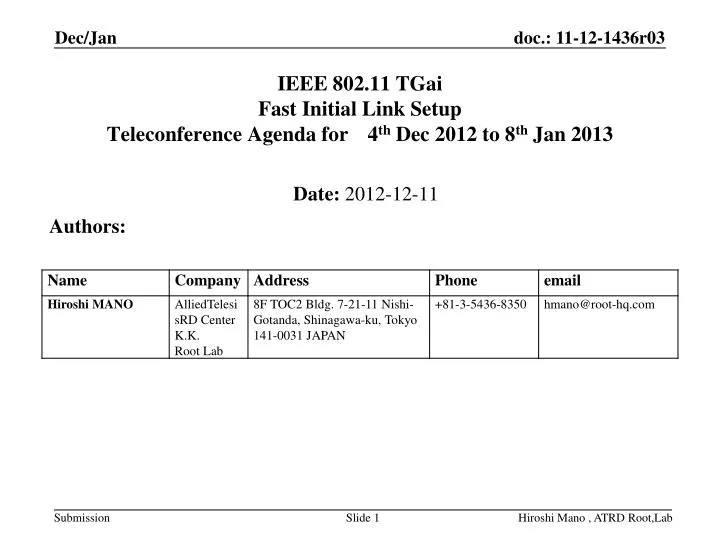ieee 802 11 tgai fast initial link setup teleconference agenda for 4 th dec 2012 to 8 th jan 2013