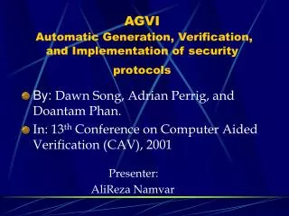 AGVI Automatic Generation, Verification, and Implementation of security protocols