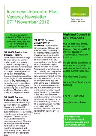 Inverness Jobcentre Plus, Vacancy Newsletter 07 TH November 2012