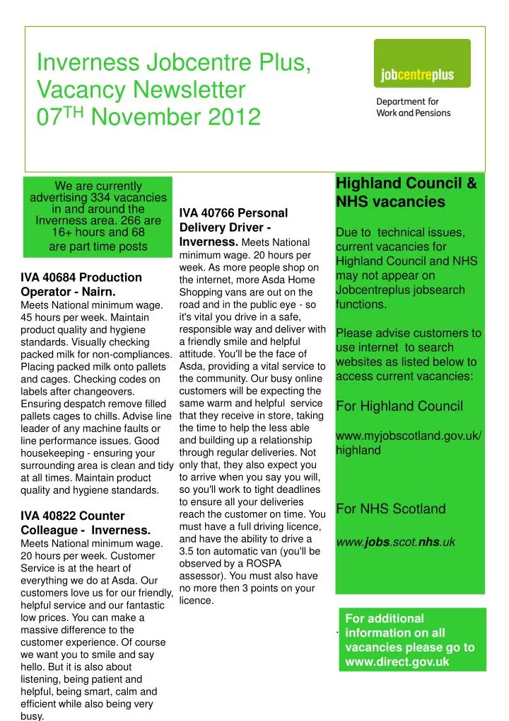 inverness jobcentre plus vacancy newsletter 07 th november 2012