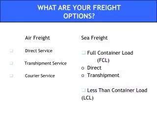 Air Freight 	Direct Service Transhipment Service	 	Courier Service