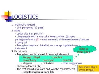 LOGISTICS Material/s needed 	- pink pompoms (12 pairs) 2. Attire 	- upper clothing: pink shirt