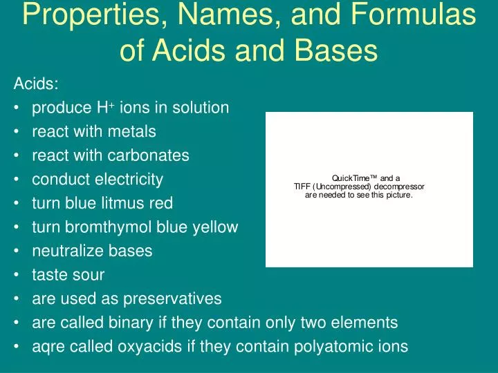 properties names and formulas of acids and bases