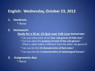 English : Wednes day , October 23, 2012