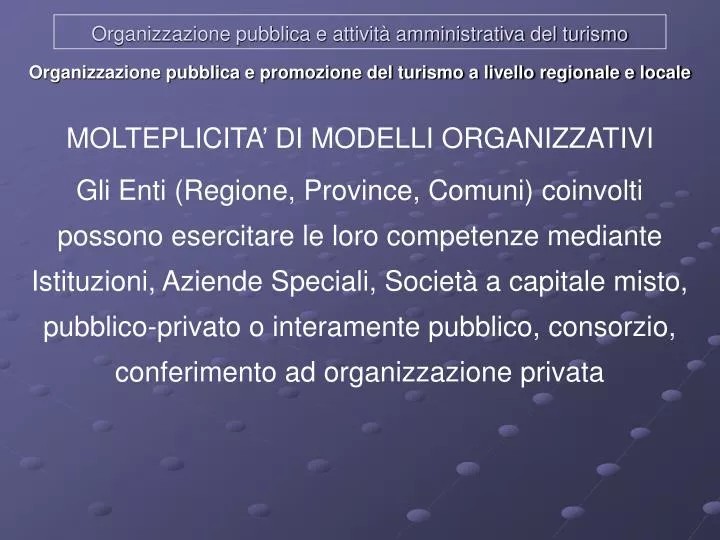 organizzazione pubblica e attivit amministrativa del turismo