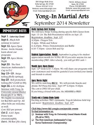 Yong-In Martial Arts September 2014 Newsletter